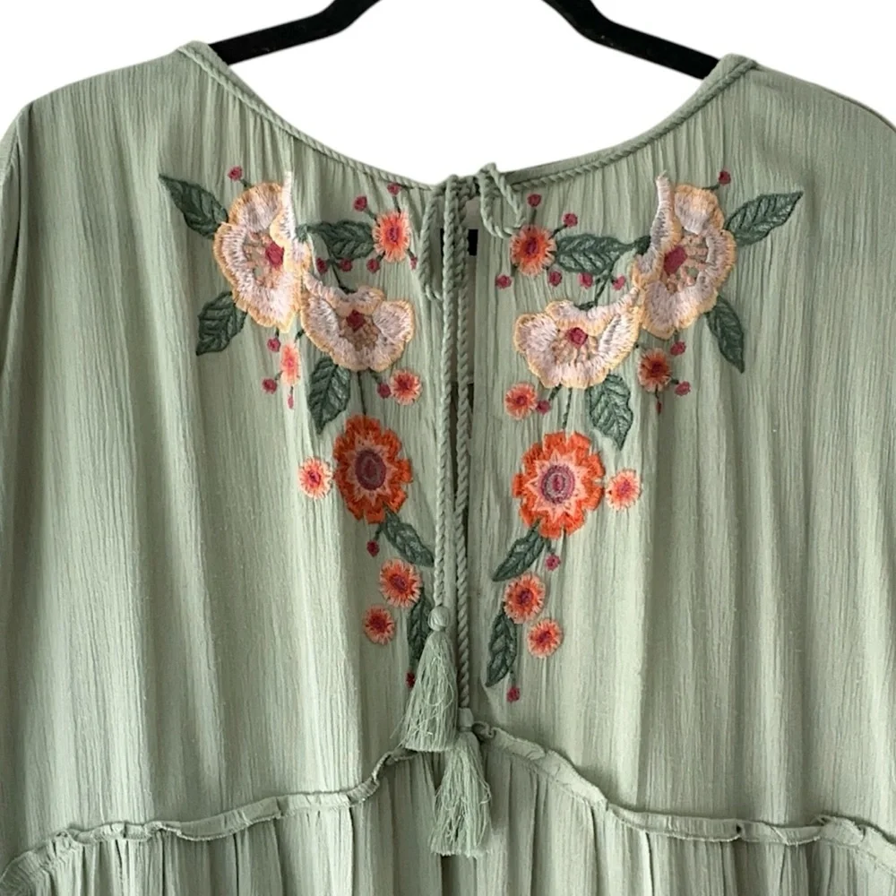 FREE PEOPLE SPELL ON YOU EMBROIDERED DRESS EARTH SAGE TASSEL TIES LINED | LARGE